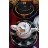 Five studio pottery bowls and a teapot