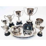 Three silver plated vegetable dishes - sold with a quantity of trophy cups etc.