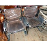 Maurice Prentice Burke: a pair of 1975 patent chrome framed and leather slung upholstered elbow
