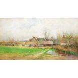 †Henry J. G. Stannard: a framed and gilt slipped watercolour, depicting a farmstead with domestic