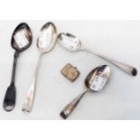 Four silver spoons and a silver patch box