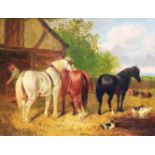 After J. F. Herring: an ornate gilt framed oil on board, depicting a farmyard scene with three