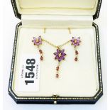 A pair of import marked 375 gold ear-rings and pendant necklace, set with amethyst flowerheads,