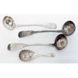 Three Glasgow silver fiddle pattern Brandy ladles - sold with a caddy spoon all with initials to