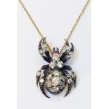 A 1" old diamond encrusted spider pattern pendant on modern marked 750 chain - 1ct. TDW