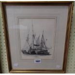E. W. Cooke: a gilt framed pencil study of Scottish fishing smacks including "Swift Leith" - details