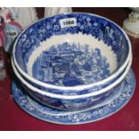 Four pieces of blue and white pottery; two Wedgwood Ferrara pattern bowls and two small meat