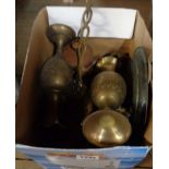 A quantity of brass and copper items including coffee pot, pair of vases, etc.