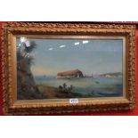 An ornate gilt framed Neapolitan school oil painting on canvas under glass, depicting an island