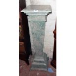 A 12" square topped green and pink marble pedestal, set on a tapered pillar and stepped plinth