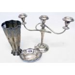 A pierced silver bon-bon dish - sold with a three branch silver plated candelabrum and white metal