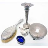 Five pieces of assorted silver including large ring box, two condiments and trumpet vase - various