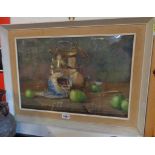 A framed watercolour still life with brass kettle, Chinese blue and white ceramics, apples, knife