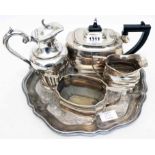 A three piece silver plated tea set - sold with a hot water jug and tray