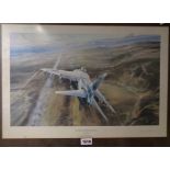 †Robert Taylor: a framed coloured print, entitled "Air Strike Over West Falkland" - signed in pencil