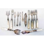 Five matching silver fruit forks with mother-of-pearl handles, silver fish knife blade, silver