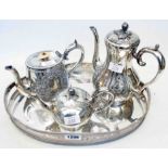 Two Victorian silver plated teapots and similar coffee pot, set on a 16" silver plated gallery tray