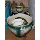 Two stoneware hot water bottles, a pottery trio, jardinière, etc. - various condition