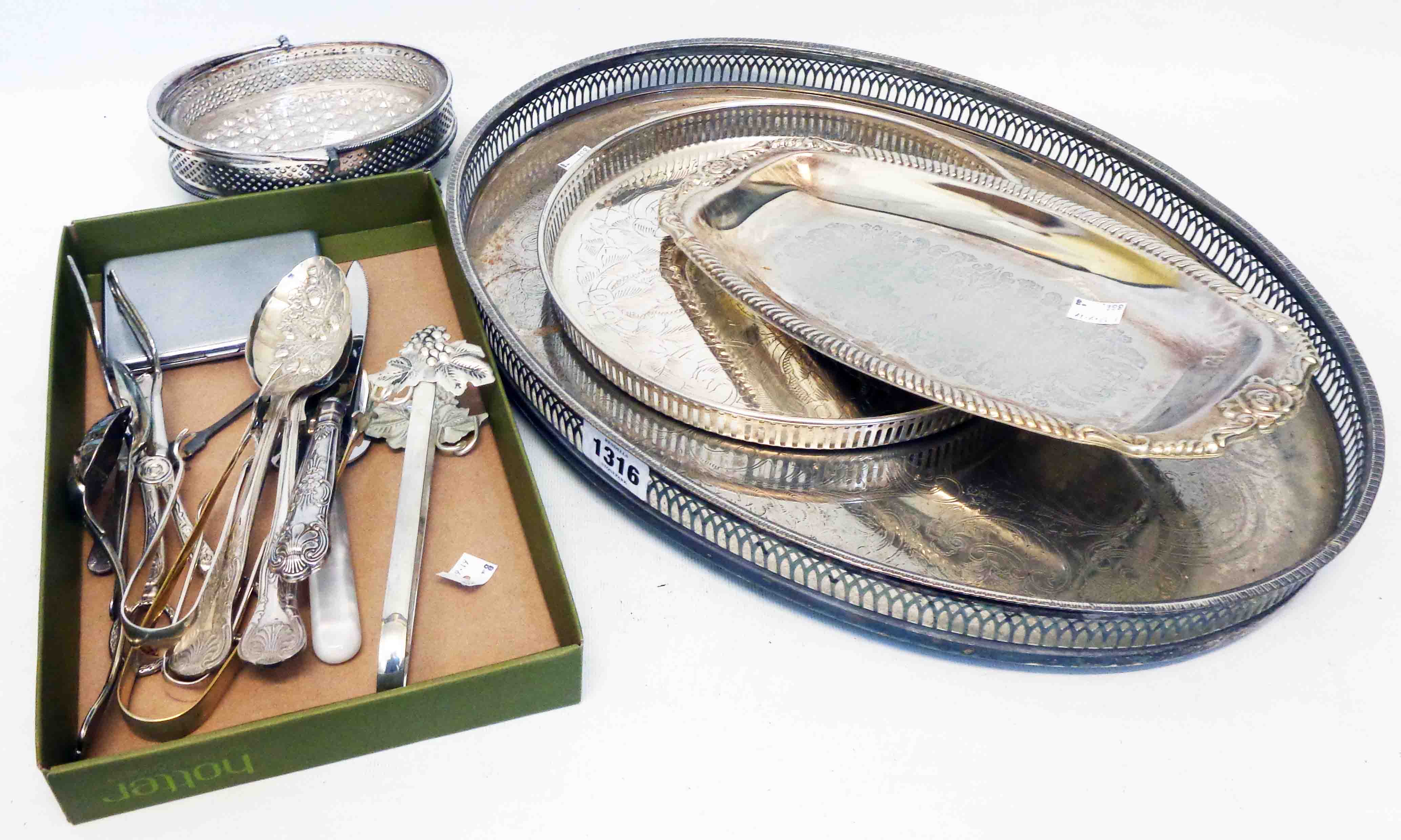 A quantity of silver plated items including gallery tray, silver plated cutlery, etc.