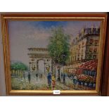 Bruno: a gilt framed modern oil on canvas, depicting a Parisian Street scene with l'Arc de