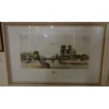 Frank Will: a framed soft ground coloured etching, depicting a view of Notre Dame on the River Seine