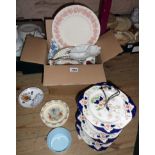 A box containing ceramics including Spode, Bunnykins and Mintons