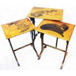 Emile Galle : a nest of three tea tables each top decorated with marquetry cats and signed, set on