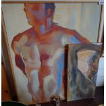 A pine framed modern oil on board, study of a male torso, in vivid palette - sold with another
