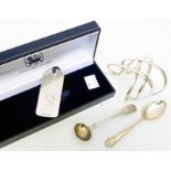 A boxed silver Gemini bookmark - sold with a 925 open bangle and two small silver spoons