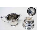 A silver desk inkwell of faceted design with flip-lid and liner - sold with a Mappin & Webb silver