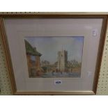 Adams: a framed watercolour, depicting figures before the church at Eynsham, Oxfordshire - signed