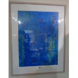 A framed modern abstract watercolour study in blue - indistinctly signed