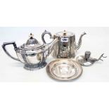 Two Victorian silver plated teapots, small salver and ornate chamber stick