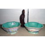 Two Chinese Famille Verte bowls, one cracked - sold with a carved wood figure