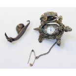 An Import marked 925 silver tortoise pattern brooch/watch with seventeen jewel movement - sold