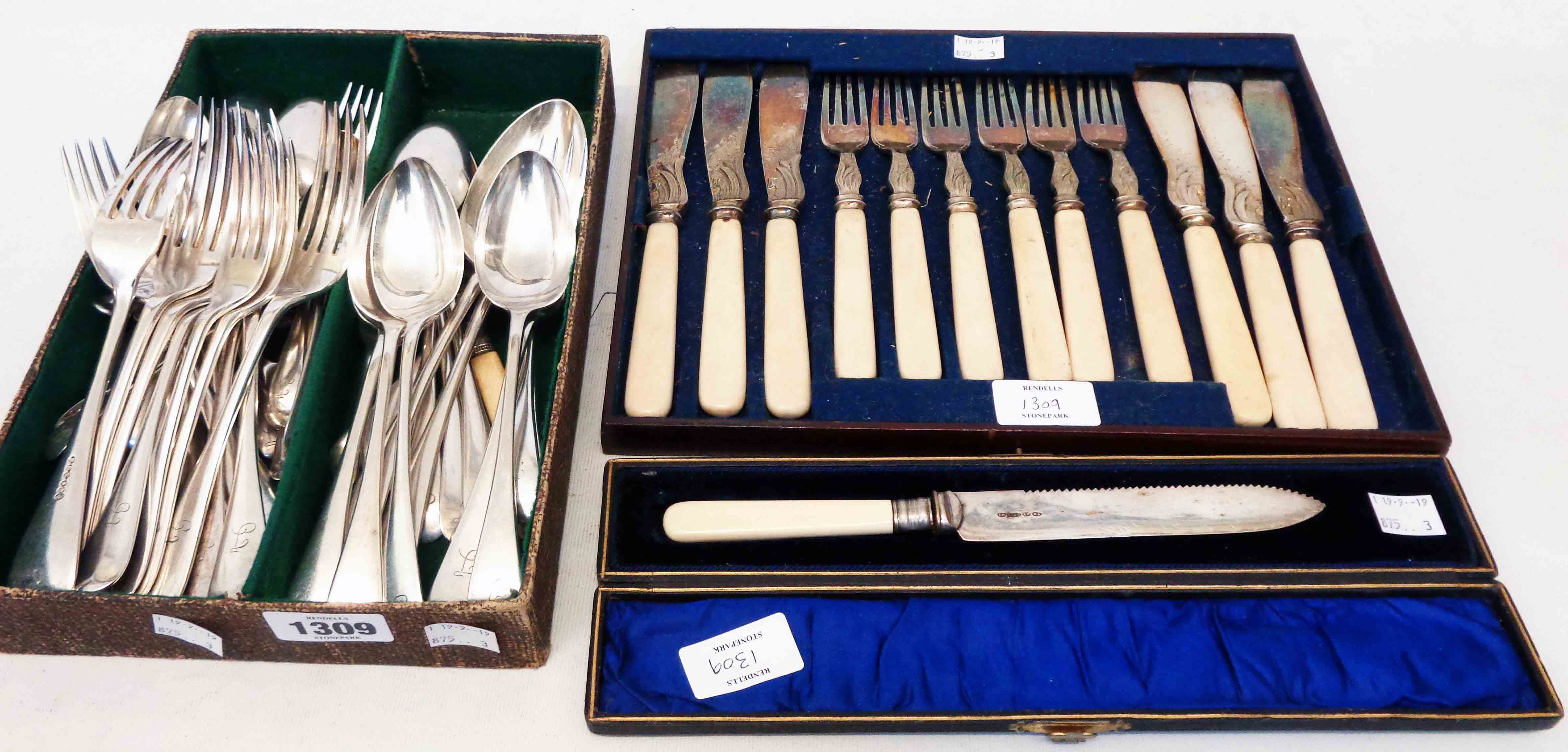 A quantity of silver plated cutlery - sold with a tray of fish eaters and cased cake knife