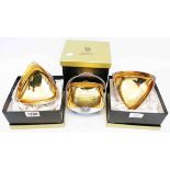 Three boxed Lambidis parcel gilt items comprising a pair of triangular bowls and basket with rope