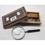 An old khatam ware cigarette box - sold with a treen needle holder and a magnifying glass