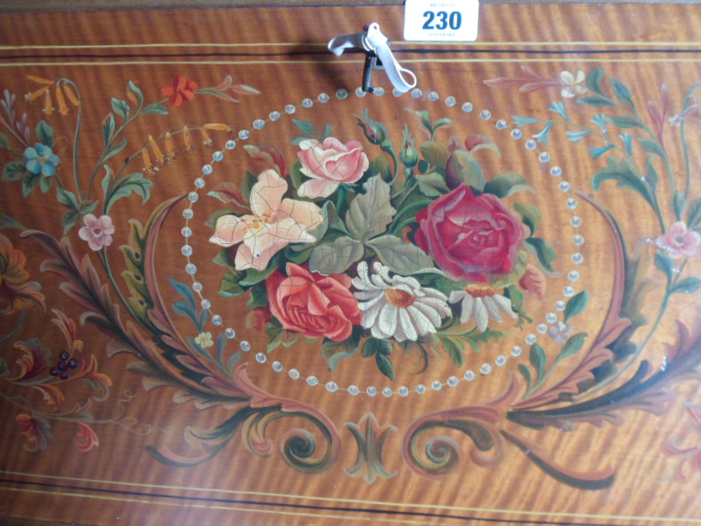 A 30" early 20th Century painted and lined satin birch bureau with profuse floral bouquet and swag - Image 2 of 3