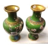 A pair of modern cloisonné baluster vases with cherry blossom and bird decoration