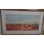 J. Bennetti-Longhini: a framed silk painting, depicting a Middle Eastern desert scene with low