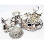 A quantity of silver plated items including egg cruet, condiment set, salver, caster etc.