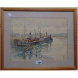A framed watercolour, depicting a Scottish fishing port, signed with initials and dated 1926,