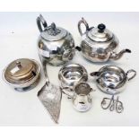 A silver plated three piece tea set, another teapot, butter dish and cake slice - sold with a