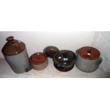 A quantity of French terracotta kitchen ware - sold with a stoneware flagon