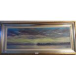 E. J. Matthews: a framed modern oil on canvas, panoramic view of a tranquil coast