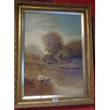 H. Palmer: an ornate gilt framed oil on card, depicting a river landscape with figure cutting rushes