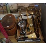 Various items including a gilt metal magazine rack, balance scales, carving set, Rototherm
