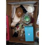 A box containing a quantity of assorted china including a cat figure, Royal Worcester candle holder,