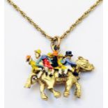 A hallmarked 9ct. gold and enamelled Widecombe Fair themed pendant on yellow metal chain
